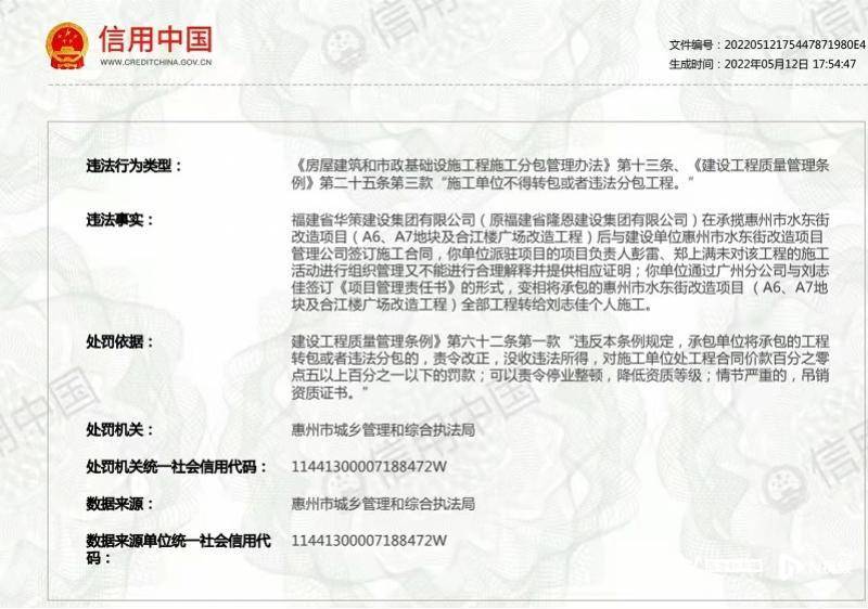 “华策”公司违法转包惠州水东街改造项目被罚没35万余元