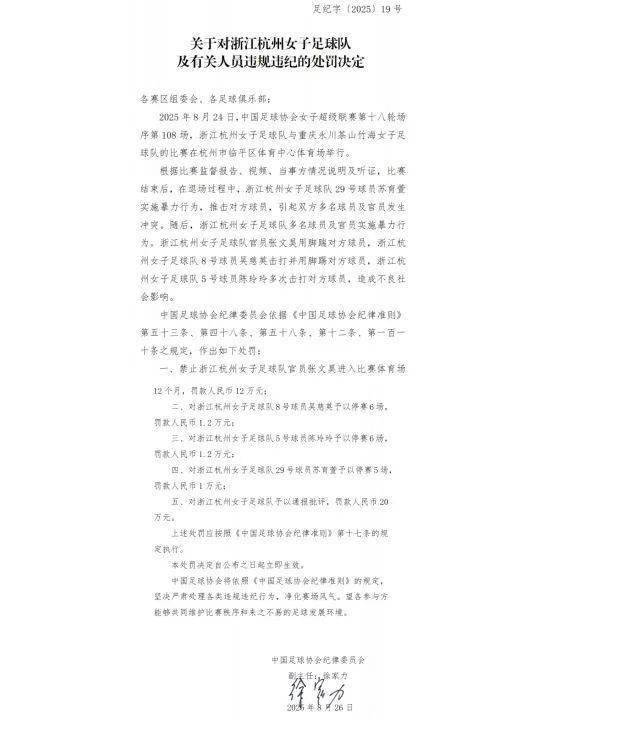 中国足协重罚“女足赛场冲突”<strong></p>
<p>璞泰来股票</strong>，多人被禁赛、罚款