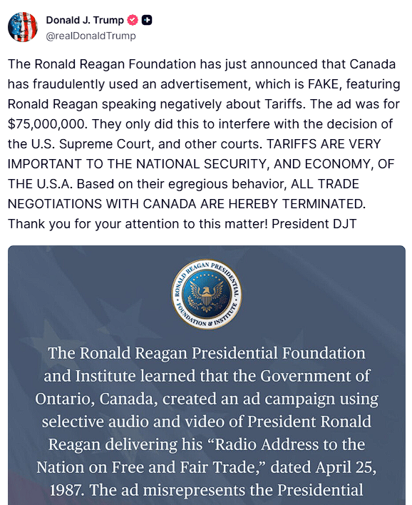 “终止所有与加拿大的谈判”！看电视看到“加拿大反关税广告”<strong></p>
<p>601998股票</strong>，特朗普怒了