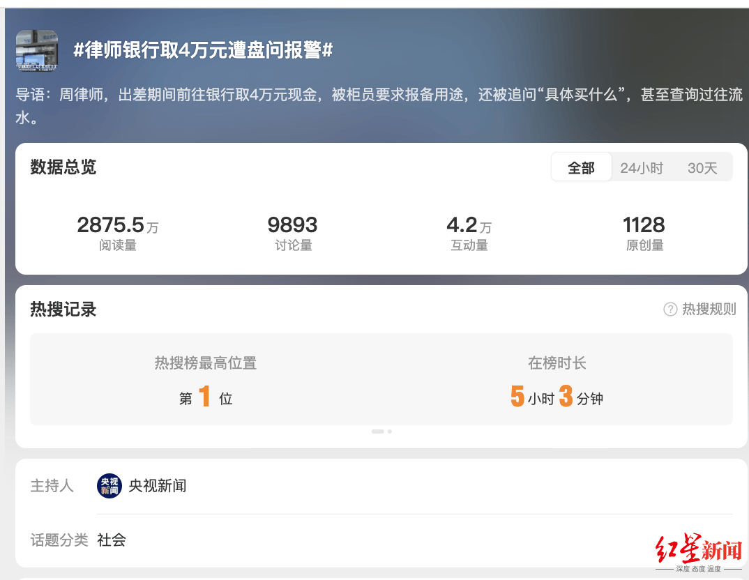 “律师取现4万遭盘问”引热议！实探银行取现：2万以上查流水，5万以上要民警核实