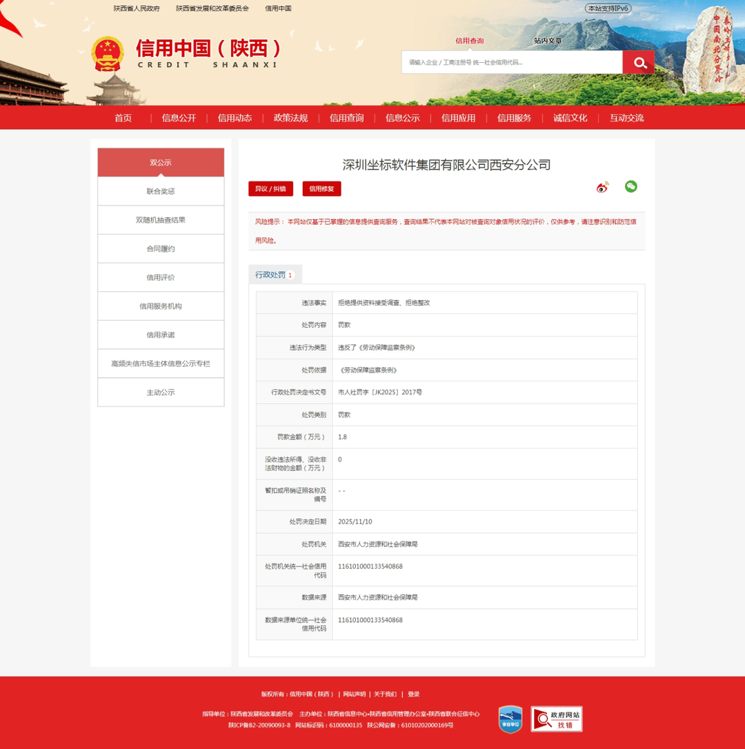 拒绝提供资料接受调查、拒绝整改，坐标软件西安分公司收人社罚单
